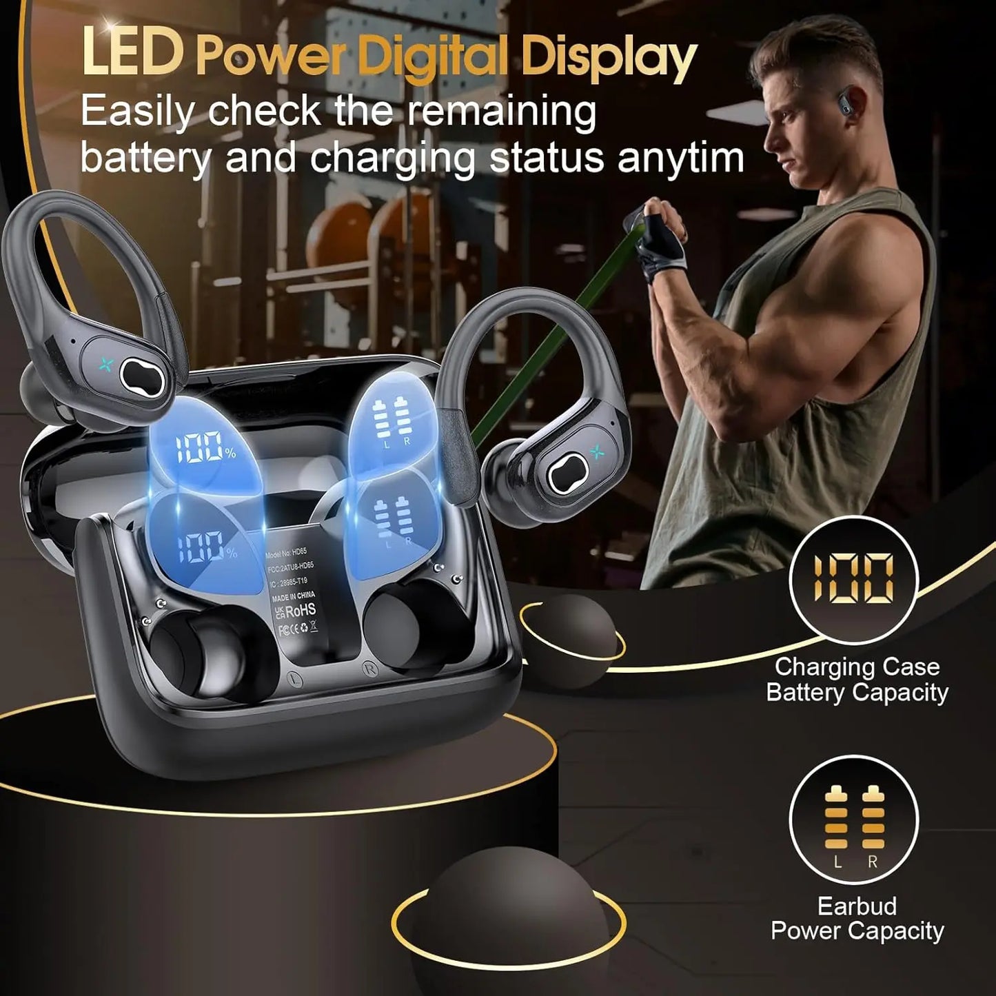 Fones de Ouvido Esportivos TWS Bluetooth 5.4 HIFI Bass // Fones de Ouvido s/ Fio // LED Touch // Fone de Ouvido Viva-Voz c/ Cancelamento de Ruído // Fone de Ouvido à Prova d'água