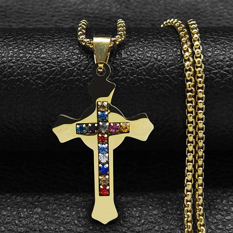 Colar de Aço Inoxidável JYTF c/ Pingente // Cruz Jesus Católico // São Bento de Cristal // Virgem Maria // Lindos Crucifixos, Colares/Jóias/Cruz