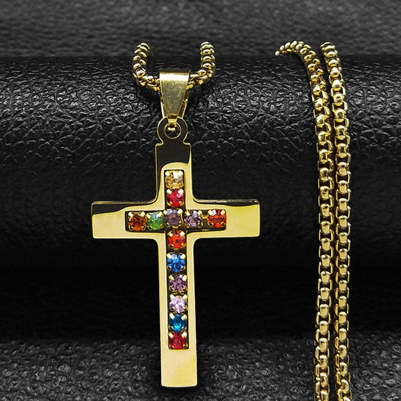 Colar de Aço Inoxidável JYTF c/ Pingente // Cruz Jesus Católico // São Bento de Cristal // Virgem Maria // Lindos Crucifixos, Colares/Jóias/Cruz
