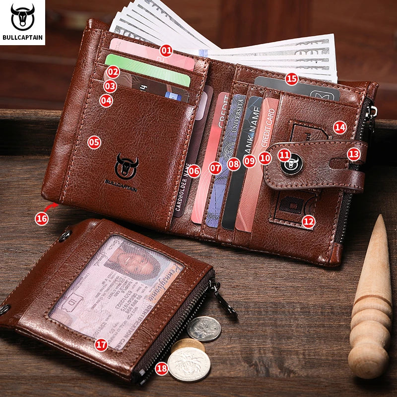Carteira de Couro Genuíno Masculina BULLCAPTAIN Men's // Carteira Retrô de Pressão, Multifuncional, RFID, Antifurto // Zíper, Multicartão, Bolsa de Moedas