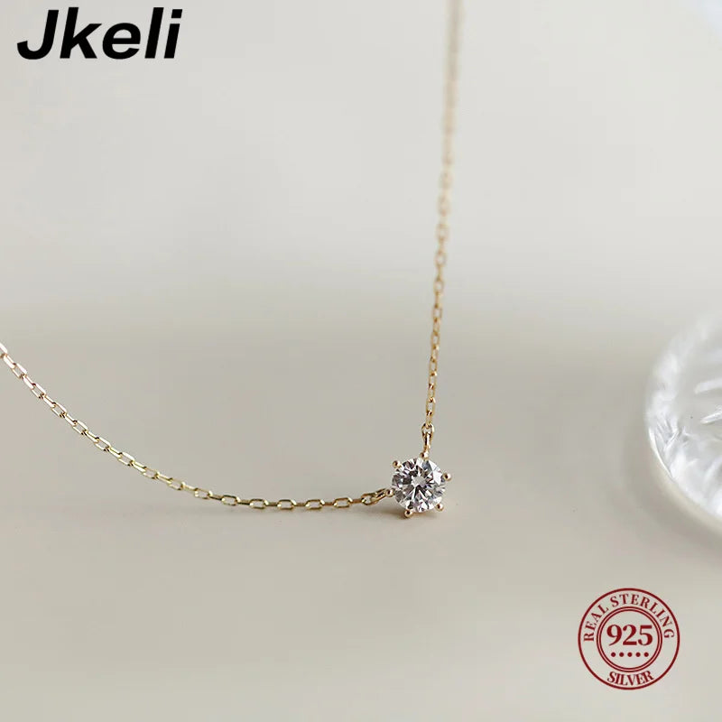 Colar Banhado a Ouro 18k Jkeli em Prata Esterlina 925 // Com Zircônia Brilhante e Corrente p/ Clavícula p/ Mulheres // Joias p/ Casamento