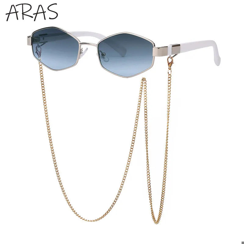 Óculos de Sol Femininos Hexagonais Retrô da Moda com Corrente // Armação Pequena // Designer de Marca 2025