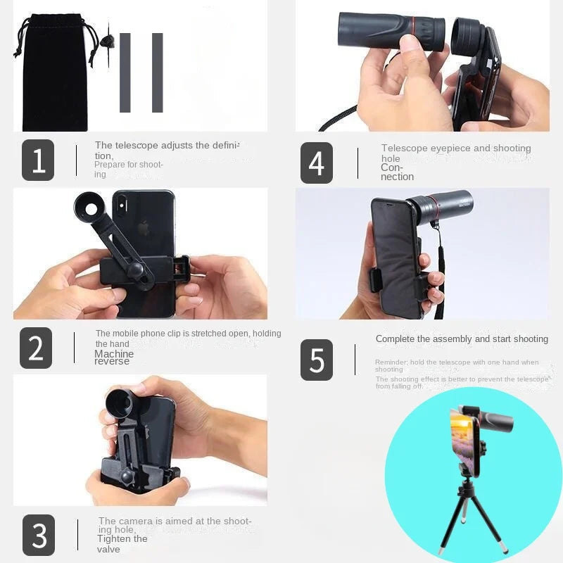 Mini Telescópio Monocular Portátil para Celular HD 2000x25 para Exterior // Telescópio com Suporte para Camping / Caça / Observação de Pássaros