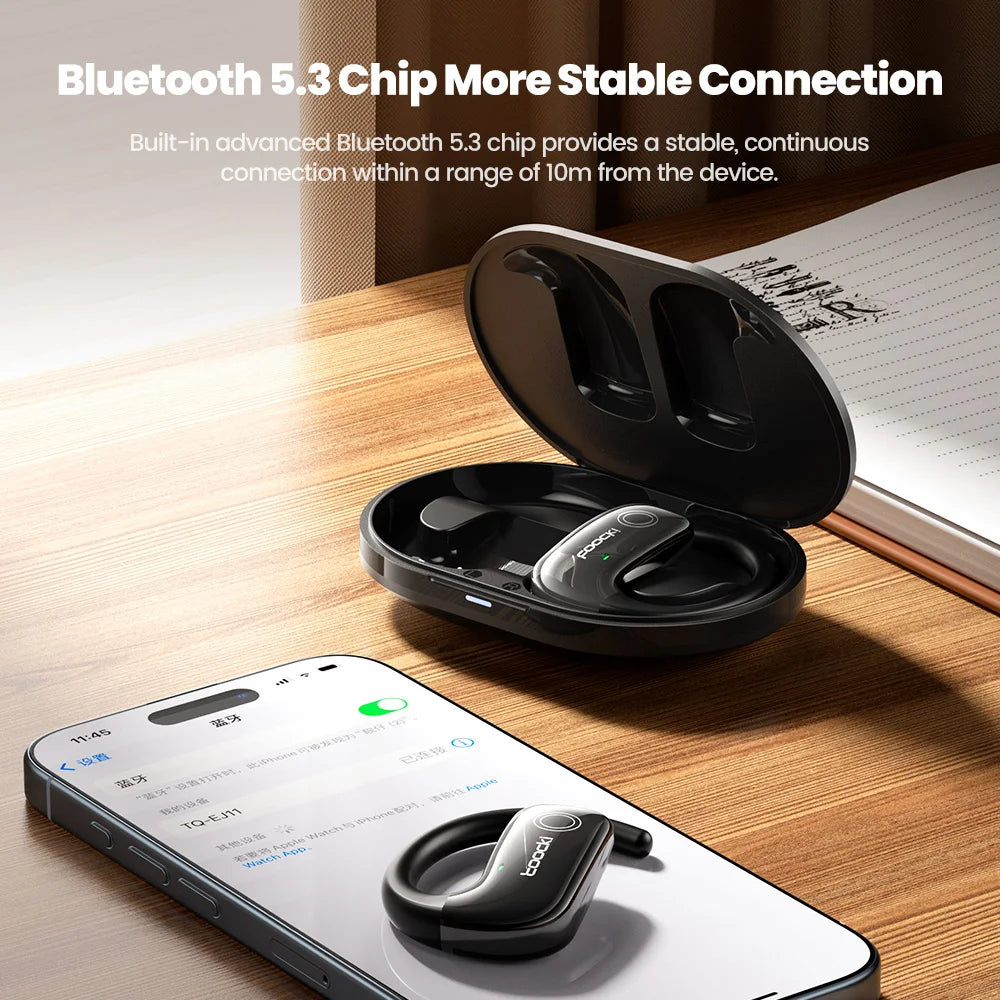 Fone de Ouvido s/ Fio Toocki EJ11 c/ Abertura // Bluetooth 5.3 OWS c/ Ganchos p/ Celular e Longa Espera // IPX5 Esportivo