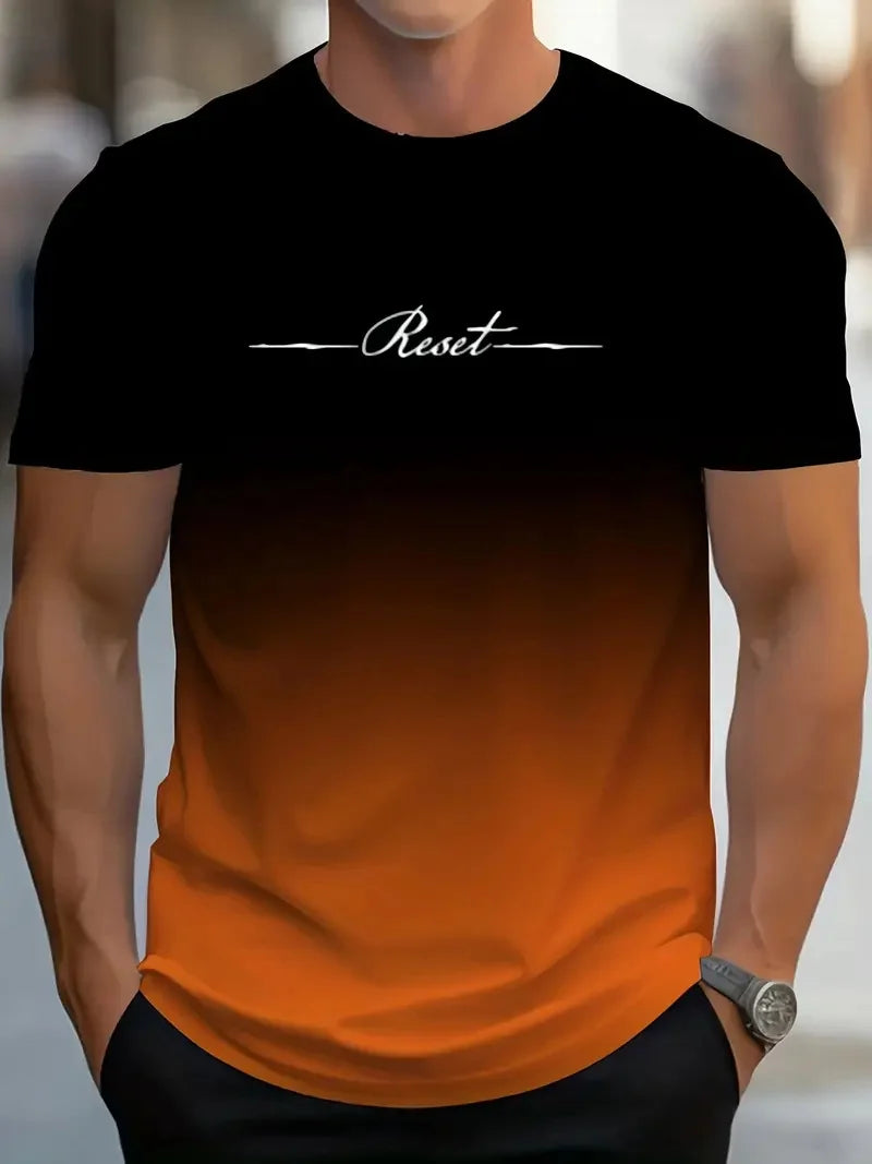 Camiseta Masculina c/ Estampa 3D Gradient Reset Letter // Verão / Casual / Esportiva / Secagem Rápida / Manga Curta // Tamanho Grande // Roupas Masculinas