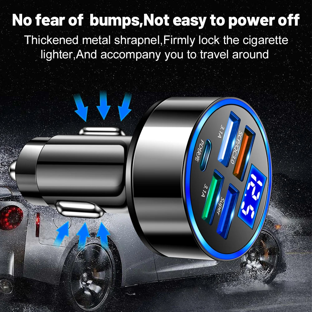 Carregador de Carro VUMPACH LED 250W 5 Portas de Carga Rápida PD QC3.0 USB C // Carregador de Telefone de Carro // Adaptador tipo C no Carro para Iphone / Samsung / Huawei / Xiaomi
