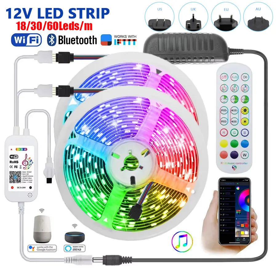 Fitas de LED RGB 12V, Fitas Adesivas p/ Áreas Internas // 5050, 5M, 10M, 15M // 30/60 LEDs por Metro // Cordão de Gelo, Decoração de Ambiente