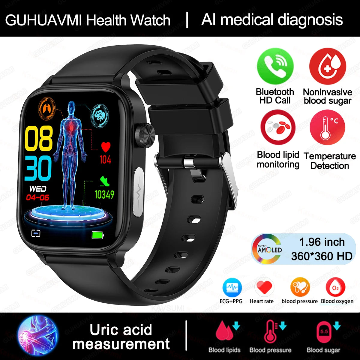 Novo 2025 ECG+PPG Relógio Inteligente de Grau Médico Feminino // Açúcar no Sangue // Lipídios no Sangue // Ácido Úrico // Rastreador de Saúde Menstrual // Smartwatches