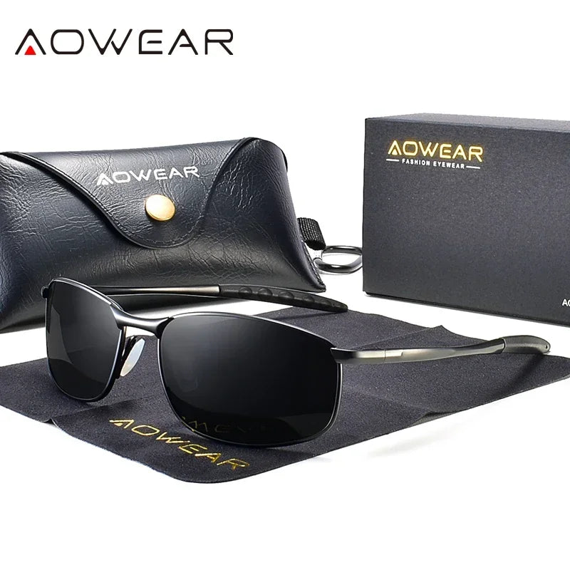 Óculos de Sol Espelhados Polarizados Retrô AOWEAR Unissex // Óculos de Sol Vintage c/ Proteção UV400 // Óculos de Direção Leves c/ Estojo