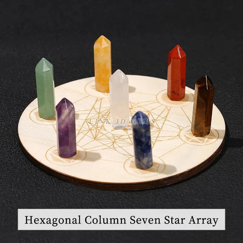 Pedra de cura 7 Chakra Esculpido Reiki // Símbolo // Conjunto de Cristal Plano // Conta Redonda Com Sete Estrelas // Placa de Madeira Para Meditação e Equilíbrio