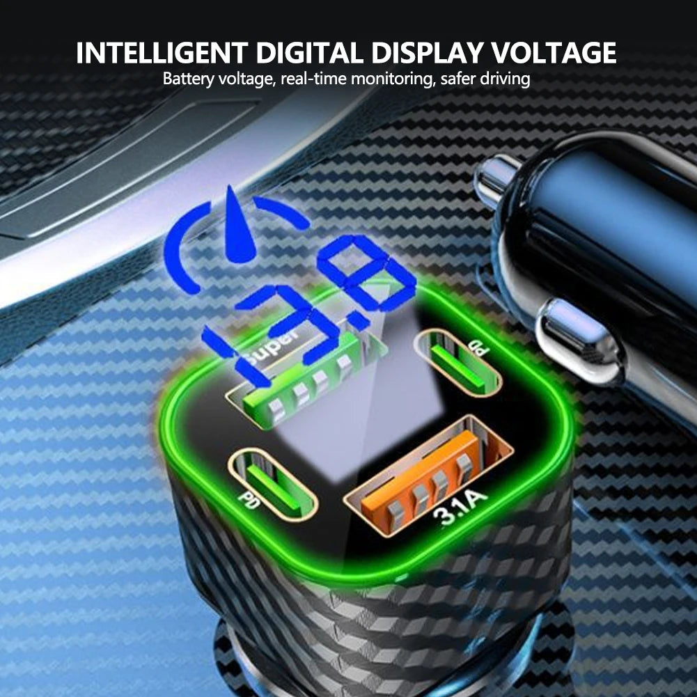 Carregador de Celular p/ Carro // Carga Super Rápida de 380 W // 4 em 1 USB C Dual PD c/ Display de Voltagem // Adaptador para iPhone, Xiaomi, Oppo, Samsung