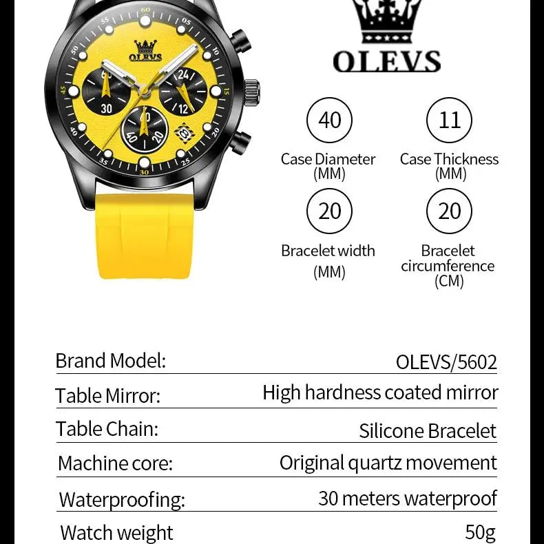 Relógios masculinos originais OLEVS, cronógrafo multifuncional, tendência da moda, pulseira de borracha amarela, luminoso, à prova d'água, relógio de quartzo masculino