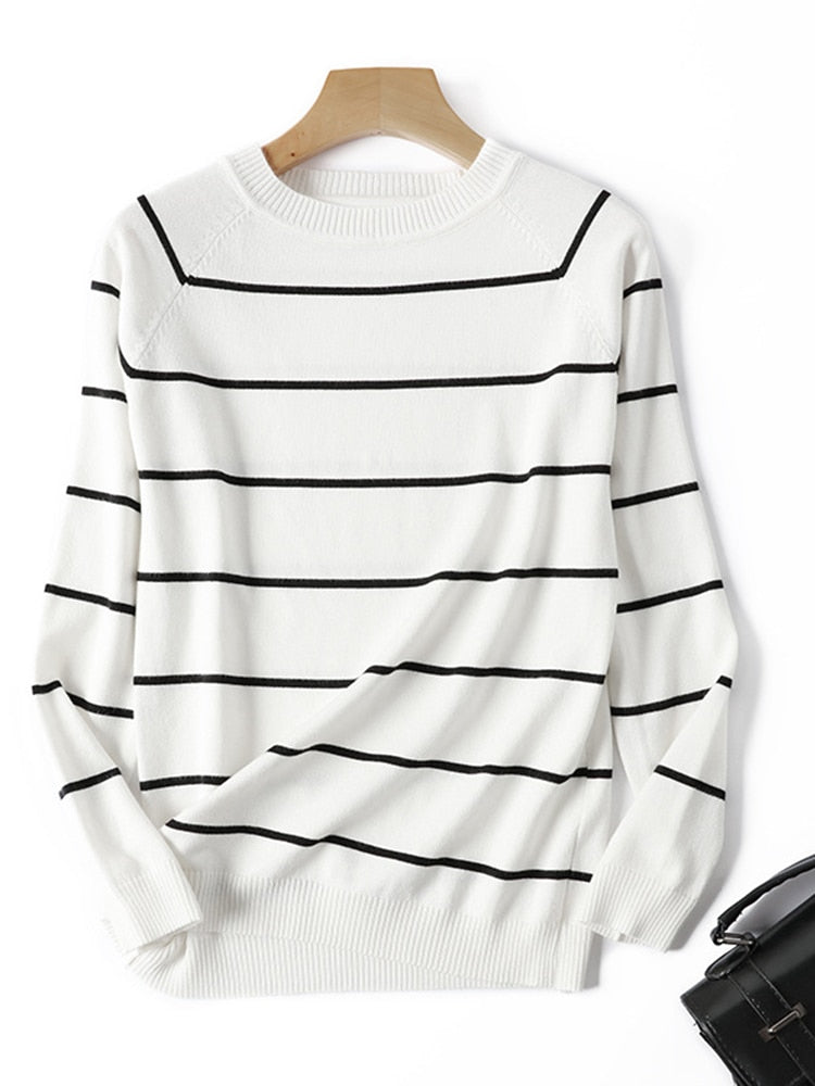 Pulôver Feminino GKFNMT Listrado/Liso de Manga Comprida 2023 // Camisa de Malha Outono/Inverno // Blusas com Decote em O