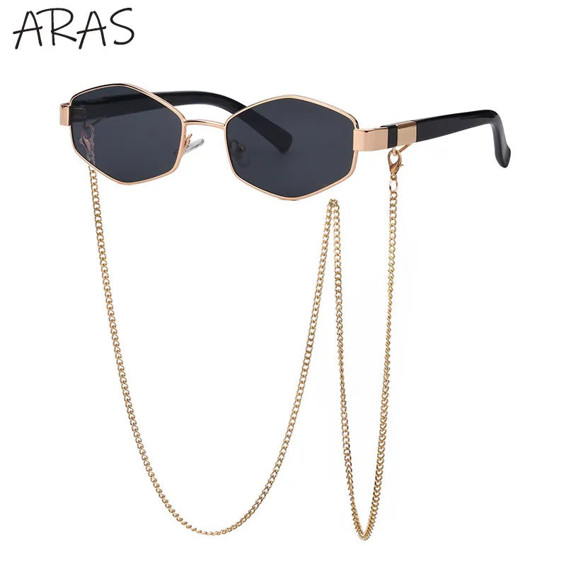 Óculos de Sol Femininos Hexagonais Retrô da Moda com Corrente // Armação Pequena // Designer de Marca 2025