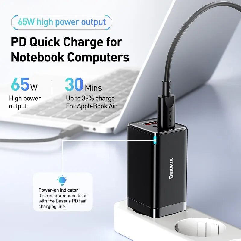 Carregador Baseus 65W GaN Quick Charge 4.0 3.0 Tipo C PD USB // Carregador Portátil QC4.0 3.0 // Carregador Rápido p/ Laptop iPhone 14 13