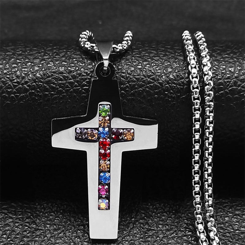Colar de Aço Inoxidável JYTF c/ Pingente // Cruz Jesus Católico // São Bento de Cristal // Virgem Maria // Lindos Crucifixos, Colares/Jóias/Cruz