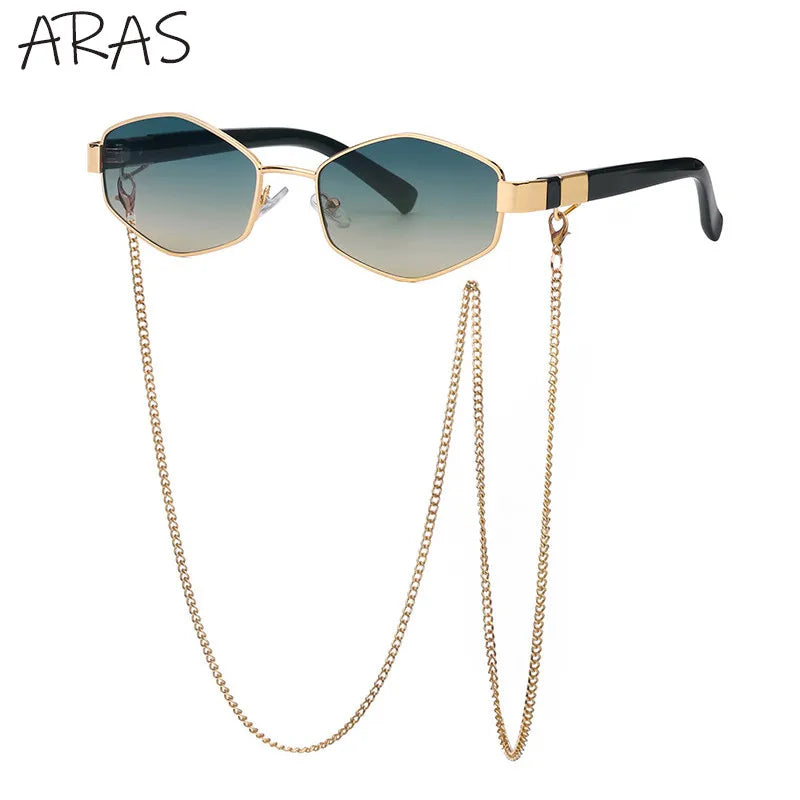 Óculos de Sol Femininos Hexagonais Retrô da Moda com Corrente // Armação Pequena // Designer de Marca 2025