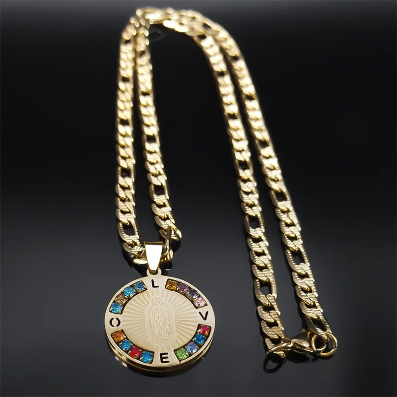 Colar de Cristal JYTF Colorido Amor e Proteção da Mãe Virgem Maria // Mulheres / Homens // Aço Inoxidável / Cor Dourada // Nossa Senhora de Guadalupe // Colares Jóias N8389S05