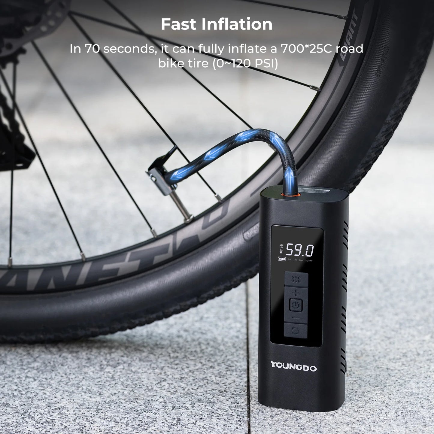 Compressor de Ar Portátil YOUNGDO p/ Carro // Inflador de Pneus, 150 PSI e 6000 mAh // Bomba Inflável Digital Inteligente p/ Carro, Bicicleta, Motos // Bombas de Ar