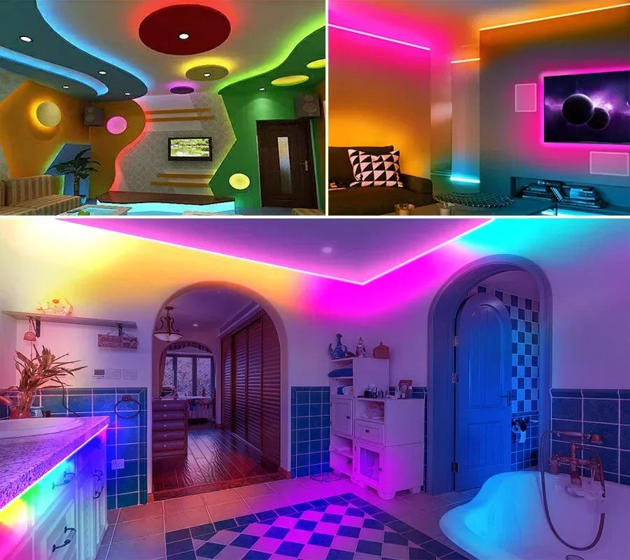 Fitas de LED RGB 12V, Fitas Adesivas p/ Áreas Internas // 5050, 5M, 10M, 15M // 30/60 LEDs por Metro // Cordão de Gelo, Decoração de Ambiente