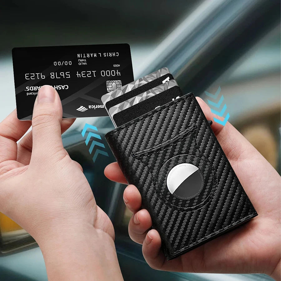 Carteira Masculina de Couro c/ Clipe Magnético p Cartão // De Fibra de Carbono e RFID // Com Zíper // Carteira Pop-Up Inteligente AirTag