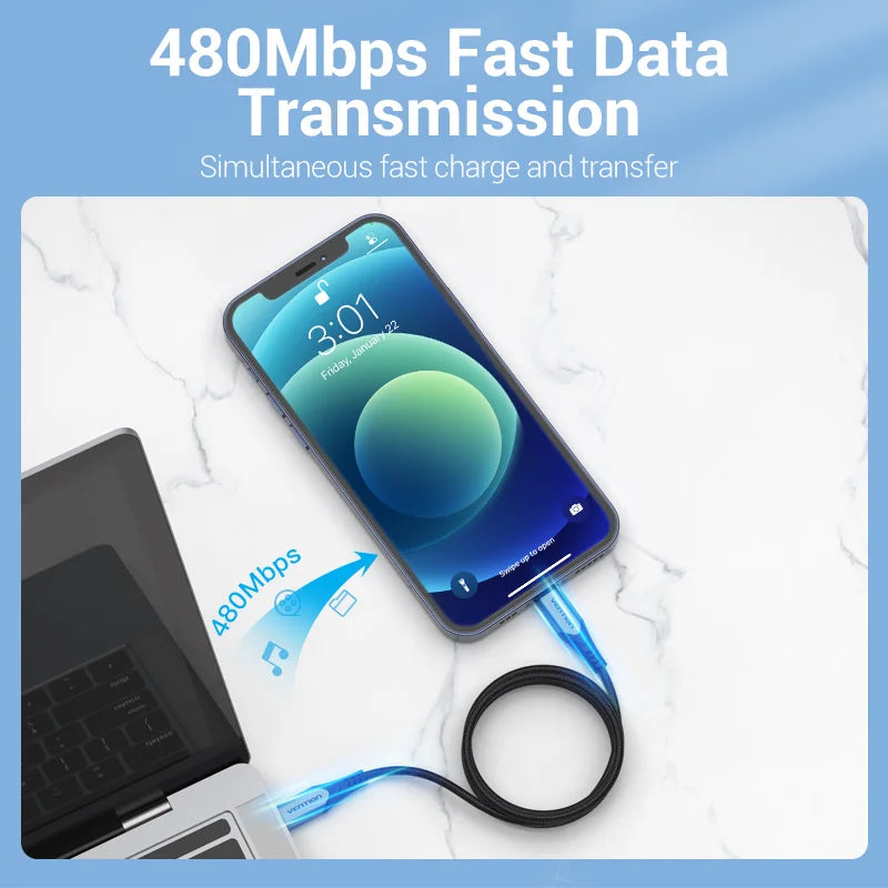 Cabo de Carregamento c/ Certificação Vention-MFi // Cabo PD USB C p/ Lightning p/ iPhone 14, 13, 12, 11 Pro Max, AirPods Pro, iPad XS, 30 W
