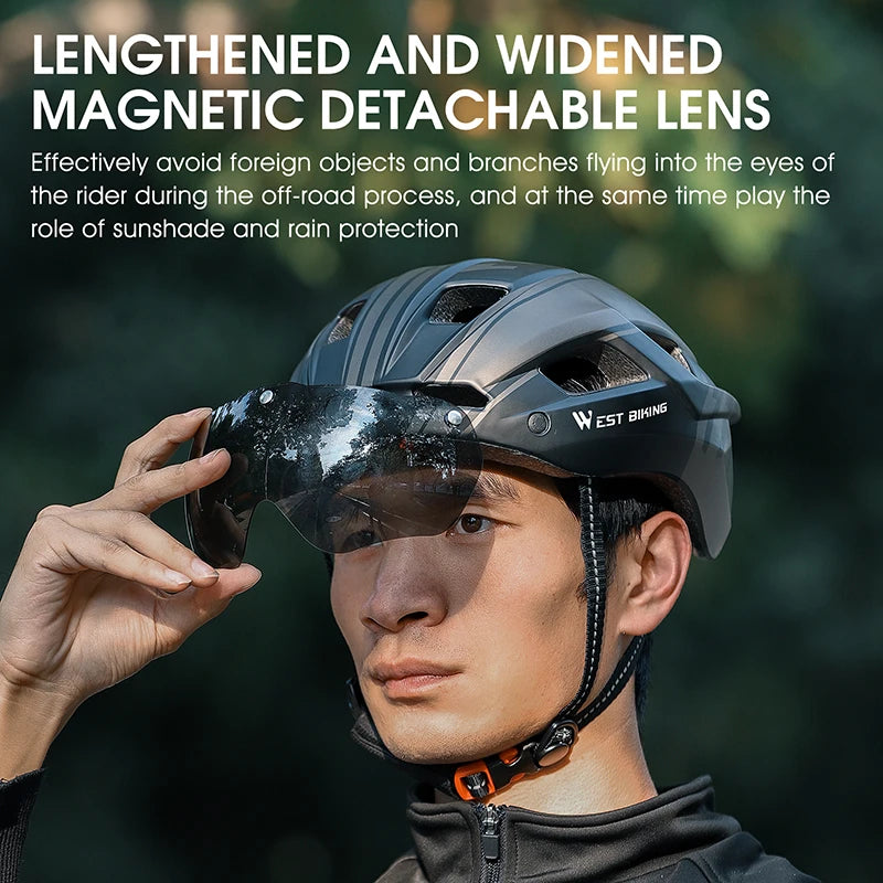 Capacete de Ciclismo Com Luz Traseira e Óculos Viseira de Sol WEST BIKING // Capacete de Bicicleta MTB p/ Homens e Mulheres // Capacete de Segurança