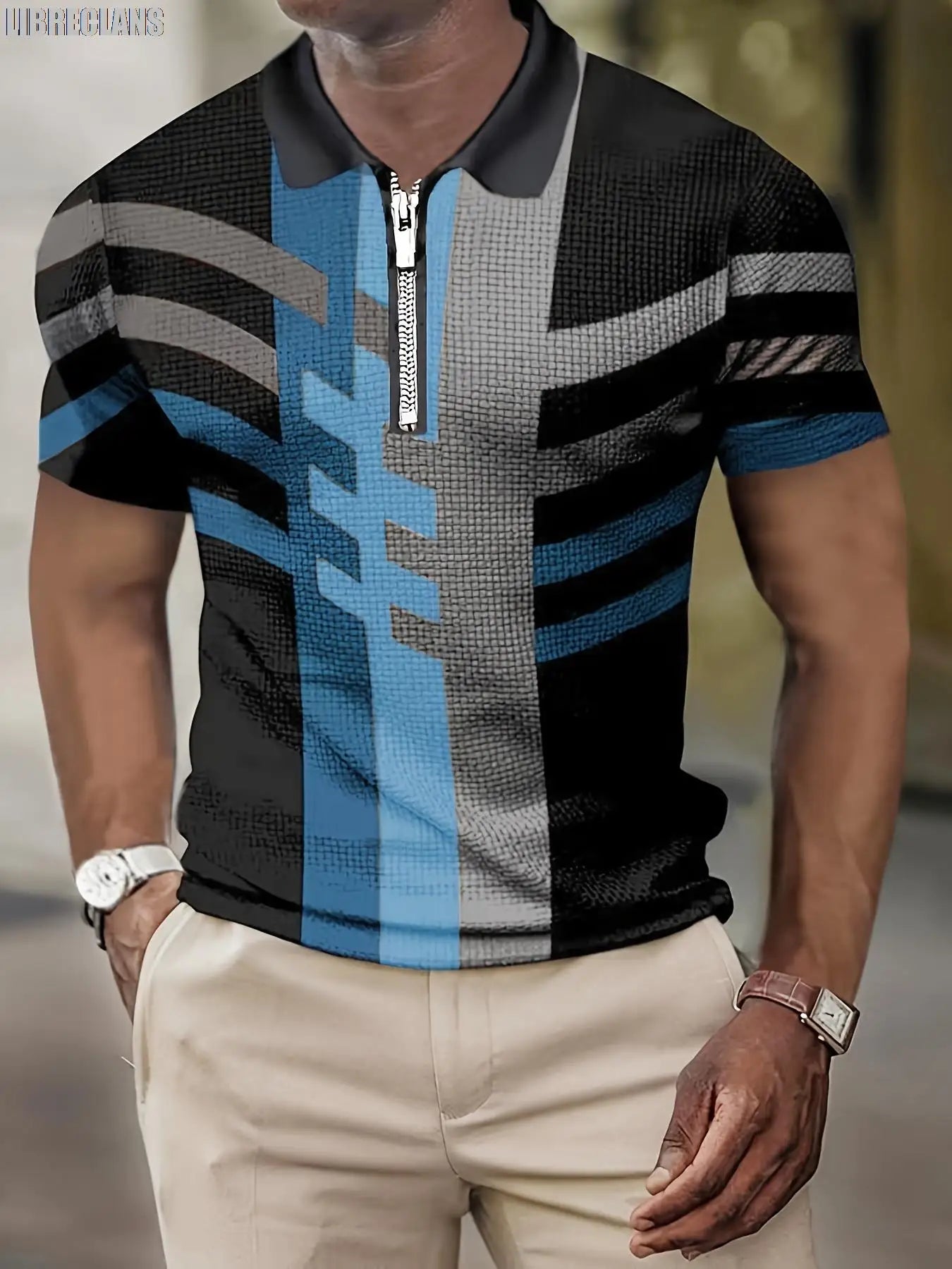 Camisa Polo Masculina de Manga Curta // Verão, Retrô, Listrada, 3D, c/ Zíper, Lapela, Slim, 2025