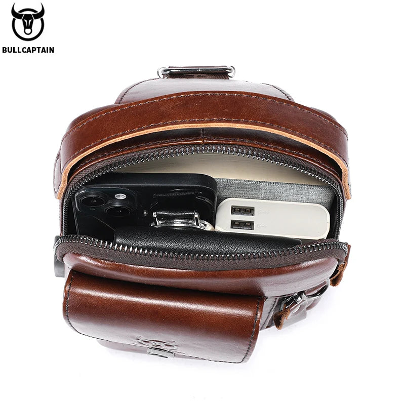 Bolsa de Peito de Couro Genuíno Masculina BULLCAPTAIN // Casual Retrô de 7,9 Polegadas // Bolsa para Celular Multifuncional Antirroubo // Bolsa Crossbody