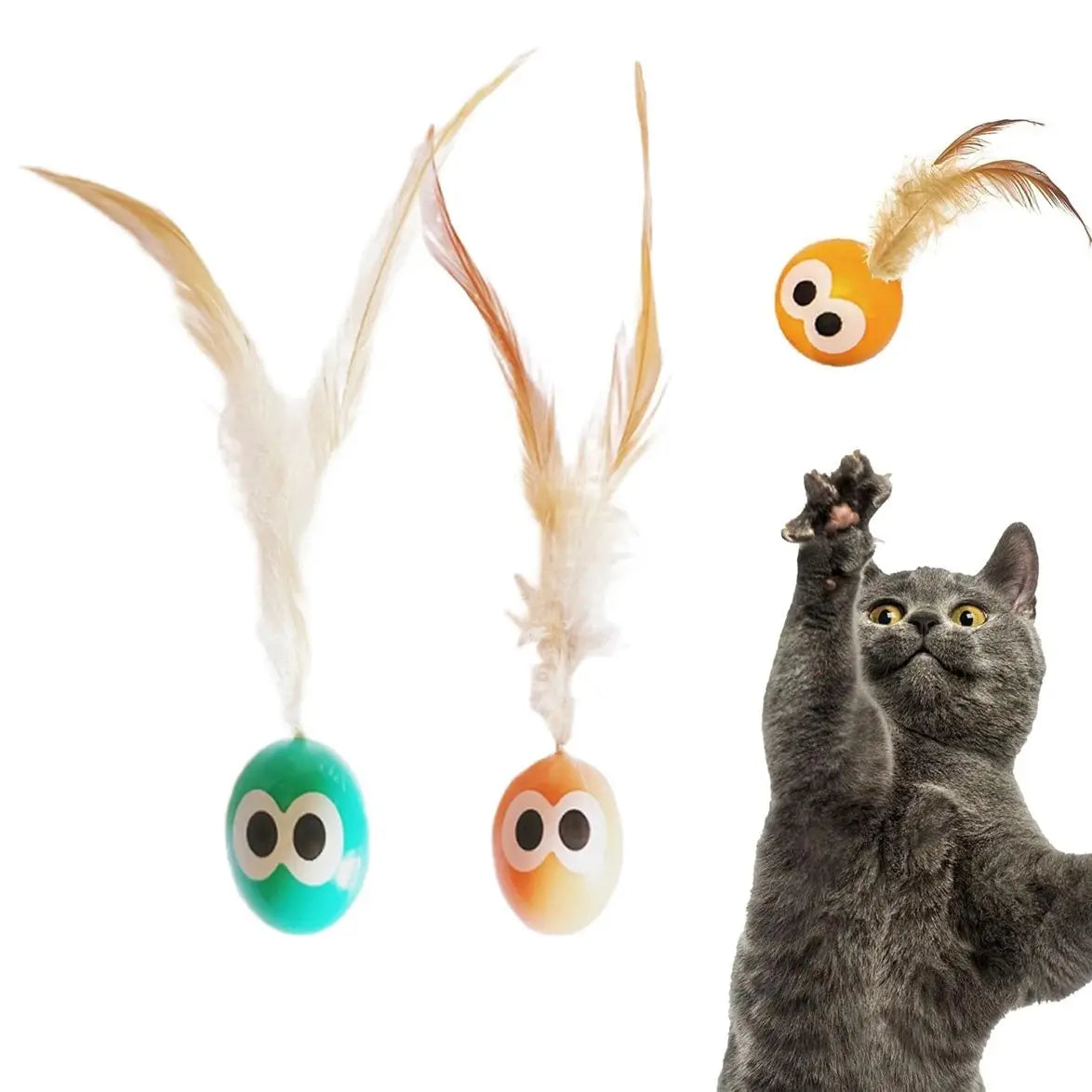 Pacote c/ 5 Bolas de Brinquedo p/ Gatos com Caudas de Penas // Estimula a Brincadeira Instintiva // Aumenta o Vínculo Entre o Animal de Estimação e o Dono