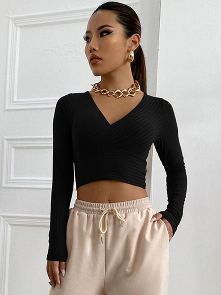 Camiseta Feminina SANTELON // Casual Lisa de Manga Comprida Cropped com Decote em V // Cintura Marcada, Tops Elásticos, Malha com Nervuras