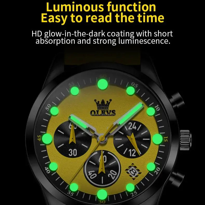 Relógios masculinos originais OLEVS, cronógrafo multifuncional, tendência da moda, pulseira de borracha amarela, luminoso, à prova d'água, relógio de quartzo masculino