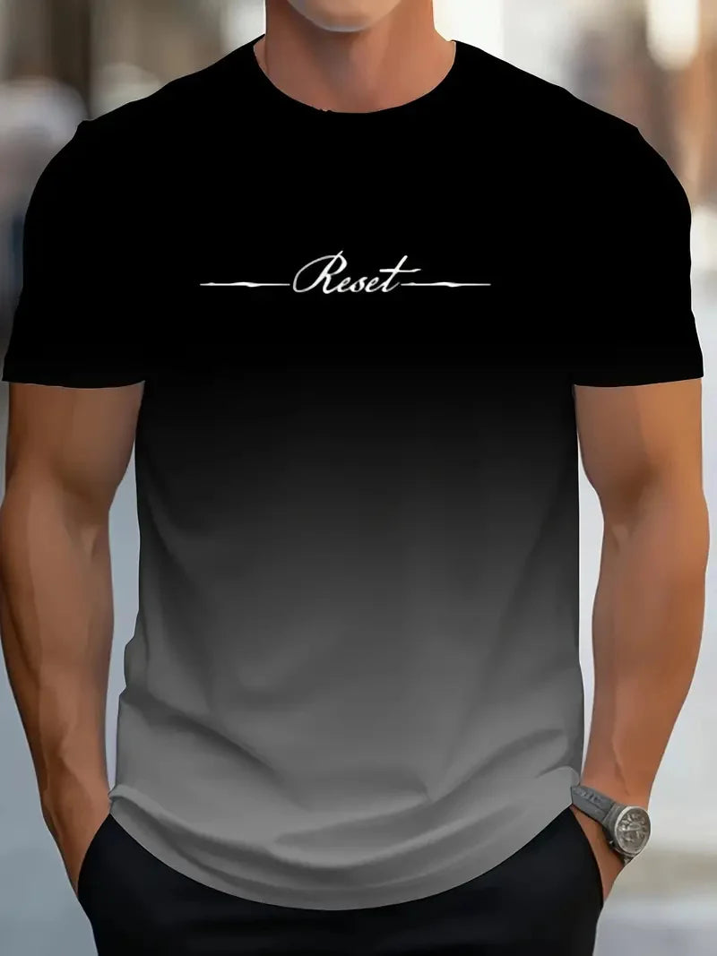 Camiseta Masculina c/ Estampa 3D Gradient Reset Letter // Verão / Casual / Esportiva / Secagem Rápida / Manga Curta // Tamanho Grande // Roupas Masculinas