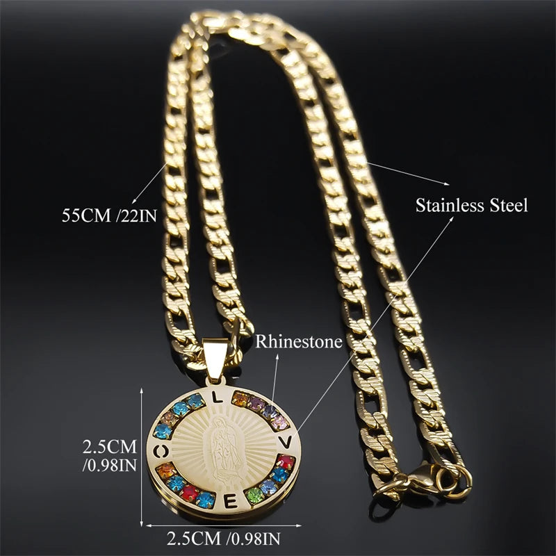 Colar de Cristal JYTF Colorido Amor e Proteção da Mãe Virgem Maria // Mulheres / Homens // Aço Inoxidável / Cor Dourada // Nossa Senhora de Guadalupe // Colares Jóias N8389S05