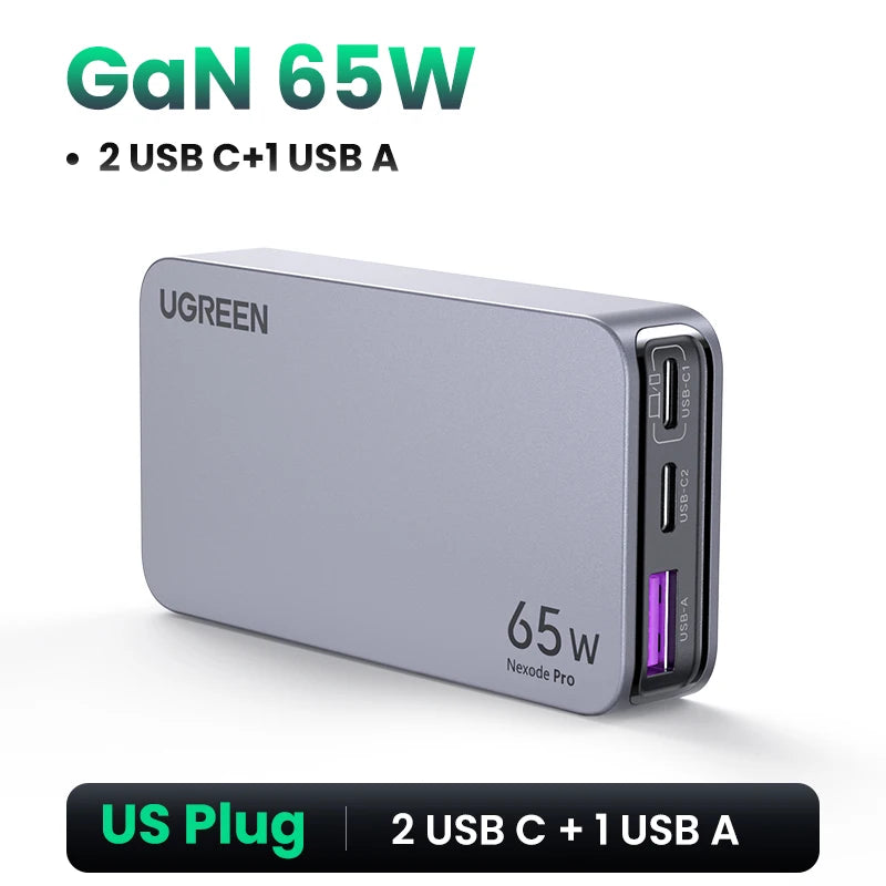 Carregador UGREEN 65W GaN Quick Charge 4.0 3.0 USB C // Para iPhone 17 16 15 Pro M // PD 3.0 // Carregador Rápido p/ Macbook, Laptop e Tablet.