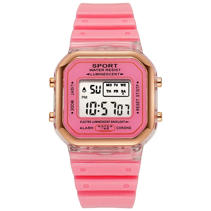 Relógio Eletrônico Transparente de Marca da Moda p/ Estudantes, Relógio de Pulso Feminino Esportivo Multicolorido com LED // À prova d'água // Lindo Presente