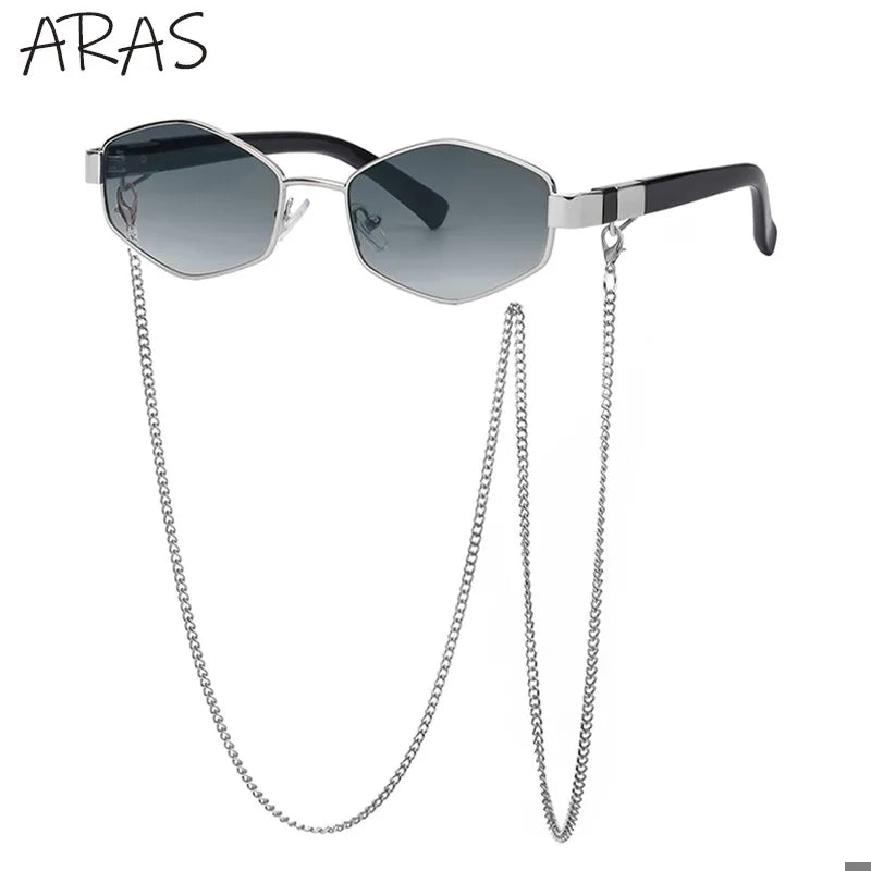 Óculos de Sol Femininos Hexagonais Retrô da Moda com Corrente // Armação Pequena // Designer de Marca 2025