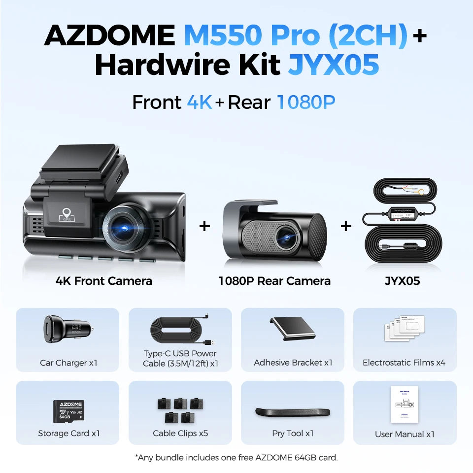 Câmera Veicular AZDOME M550 Pro (Versão Aprimorada) // 4K Frontal, Wi-Fi 5,8 GHz, GPS, Sensor G, Visão Noturna IR e Monitoramento de Estacionamento