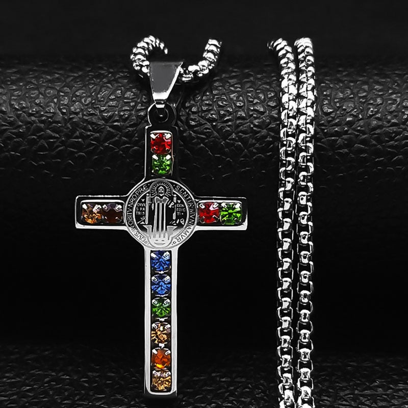 Colar de Aço Inoxidável JYTF c/ Pingente // Cruz Jesus Católico // São Bento de Cristal // Virgem Maria // Lindos Crucifixos, Colares/Jóias/Cruz
