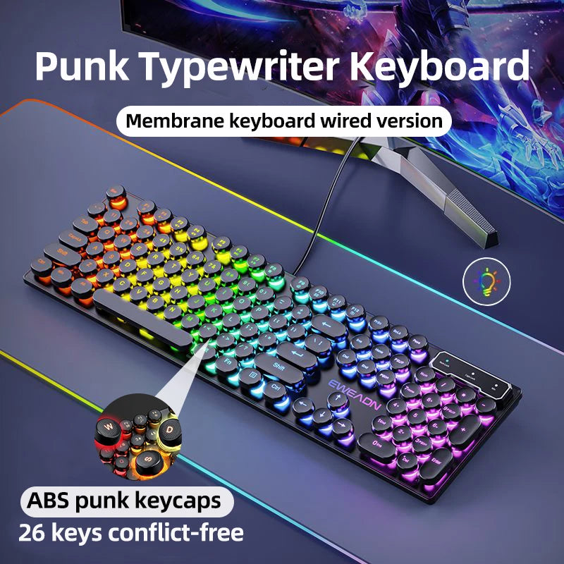 Teclado p/ Jogos EWEADN GX330 // 104 Teclas c/ Fio, Retro Punk // Teclas Redondas c/ Retroiluminação RGB // Para Laptop Windows