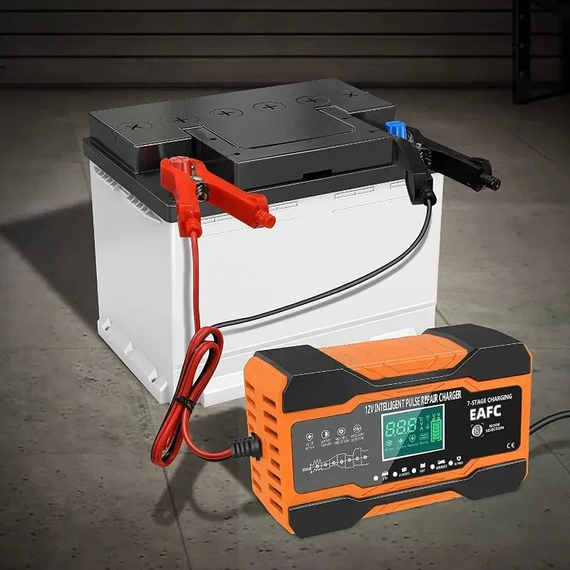Carregador de Bateria de Carro 12V 12A // Carregamento de 7 Estágios // Reparo de Pulso para Baterias de Carro // Para AGM GEL // Chumbo-ácido úmido // Display LCD