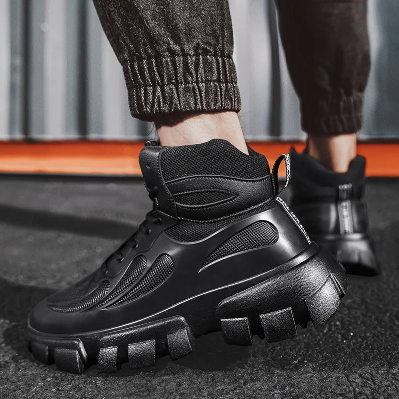 Botas de Couro Preto de Plataforma CHAXIAOA // Esportes ao ar livre // Aumentado / Antiderrapantes // Novos Sapatos de Forma Redonda Alta para Esportes Radicais