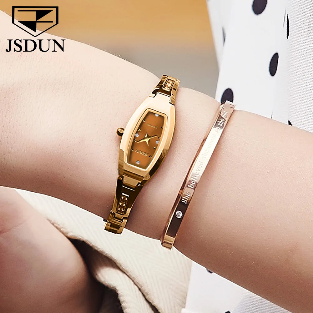 Relógios Femininos de Marca de Luxo JSDUN // Pulseira de Aço de Tungstênio // Relógio de Quartzo Original c/ Diamantes