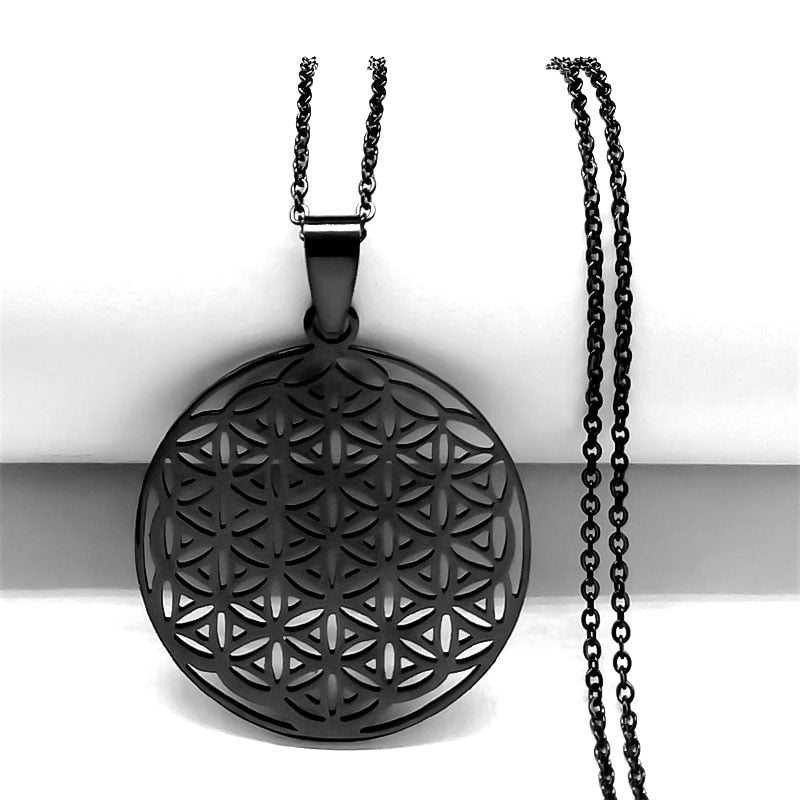 Mandala de Geometria Sagrada Flor da Vida 2023 // Aço Inoxidável Metatron // Colares de LOVELY FAJA // Colar Longo de Contas Pretas // Lindas e Exclusivas Joias flor de la vida. Escolha já a sua!!!