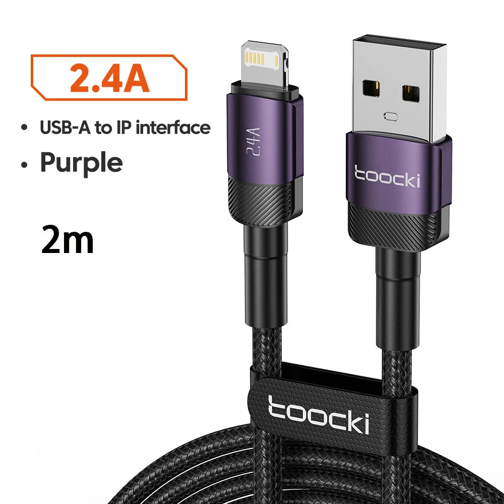 Cabo USB Toocki p/ iPhone 14 13 12 Pro Max X XS XR 8 7 Plus iPad // Carregador de Carregamento Rápido // Cabo iP de alumínio para iPhone // Cabo de dados