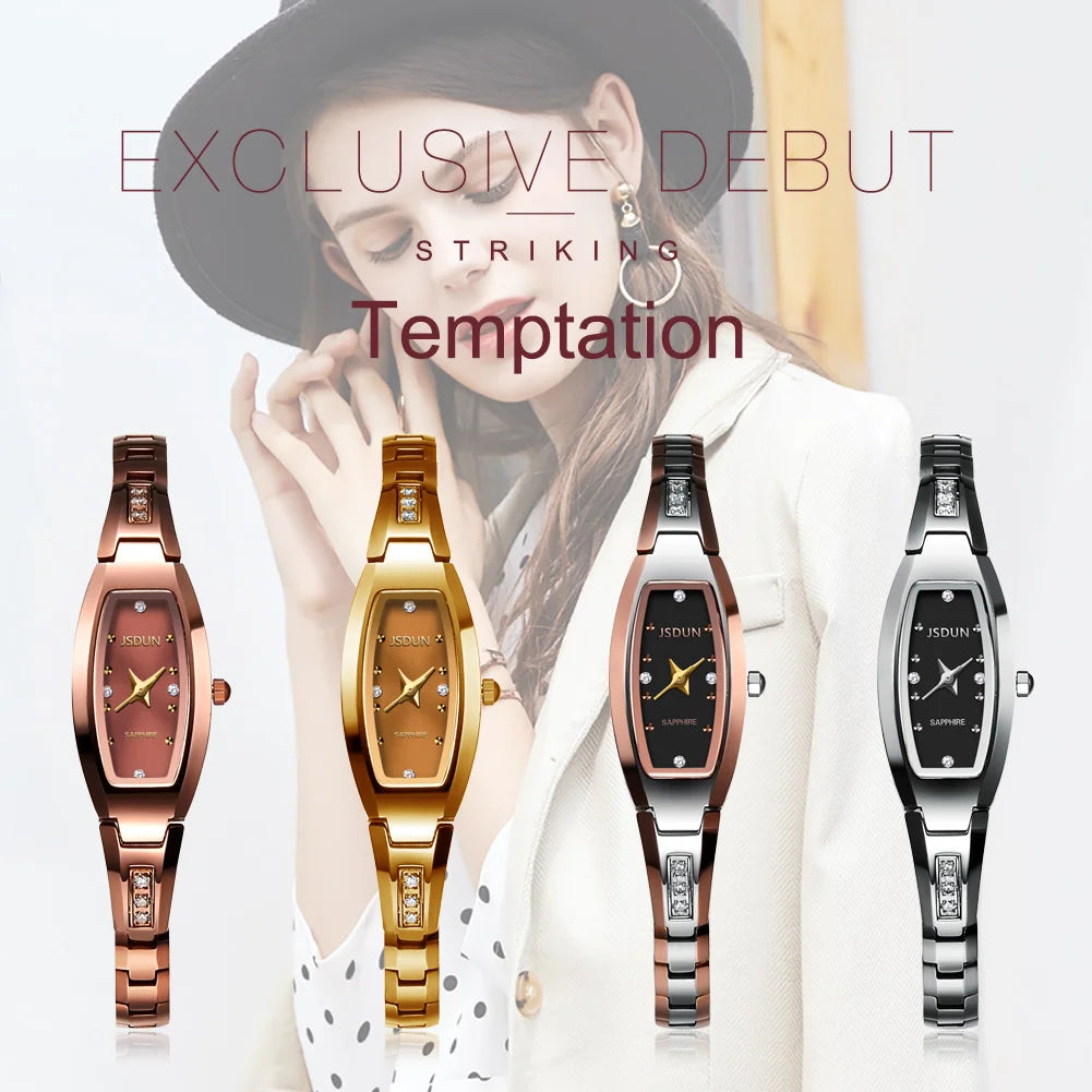Relógios Femininos de Marca de Luxo JSDUN // Pulseira de Aço de Tungstênio // Relógio de Quartzo Original c/ Diamantes