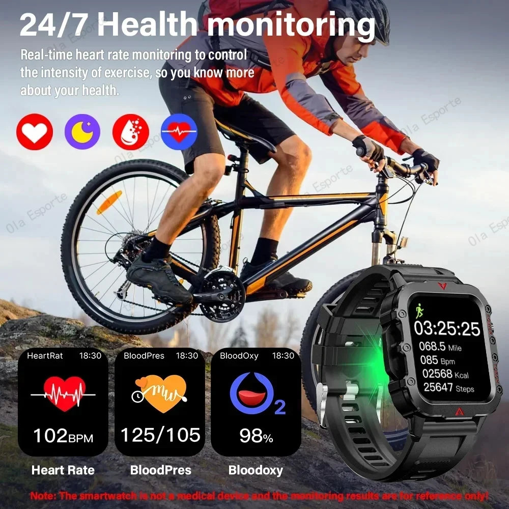 Novo Relógio Inteligente Militar Esportivo 2025 p/ Atividades ao ar livre // Unissex // Com Lanterna LED // Monitoramento de Saúde // 4,40cm, Bluetooth
