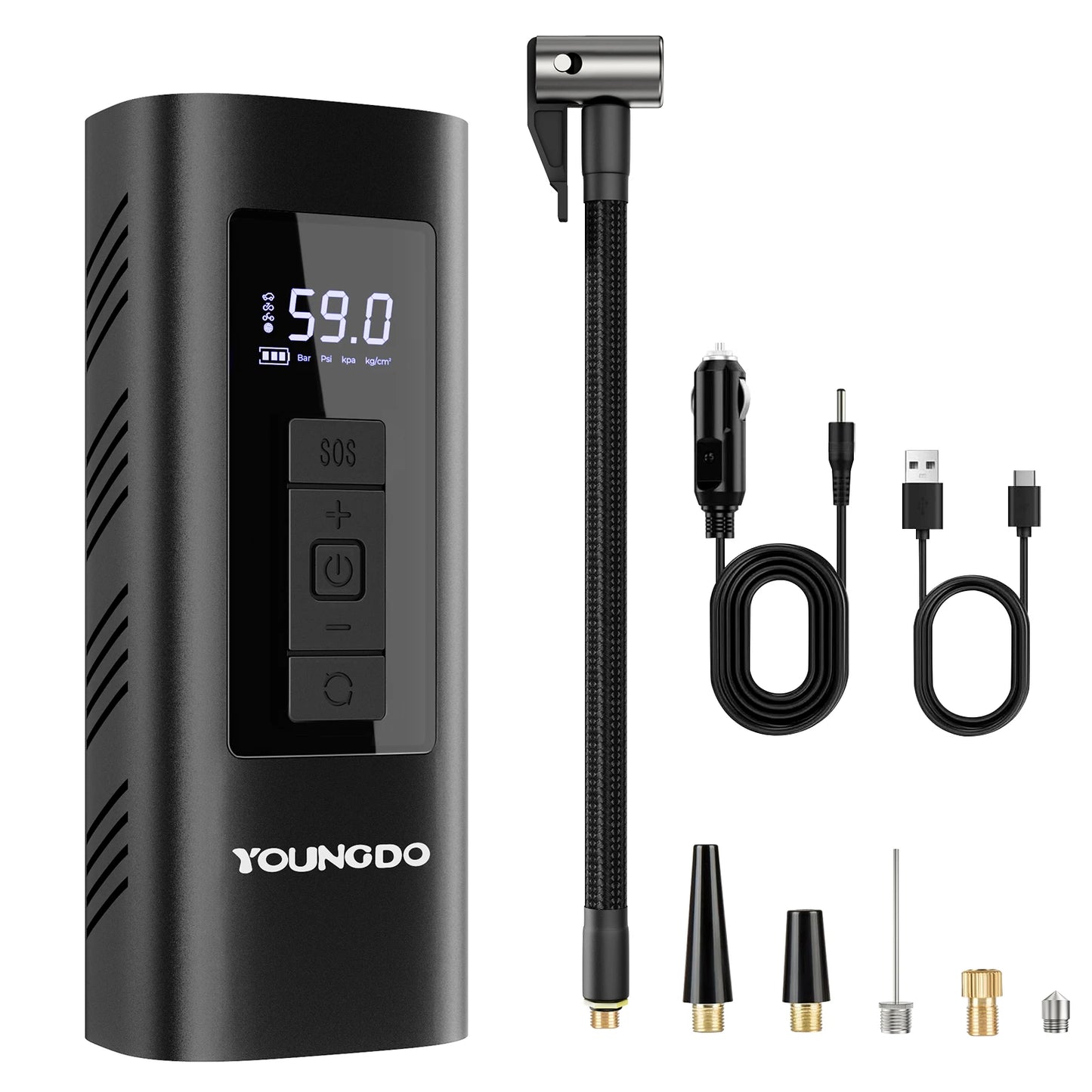 Compressor de Ar Portátil YOUNGDO p/ Carro // Inflador de Pneus, 150 PSI e 6000 mAh // Bomba Inflável Digital Inteligente p/ Carro, Bicicleta, Motos // Bombas de Ar