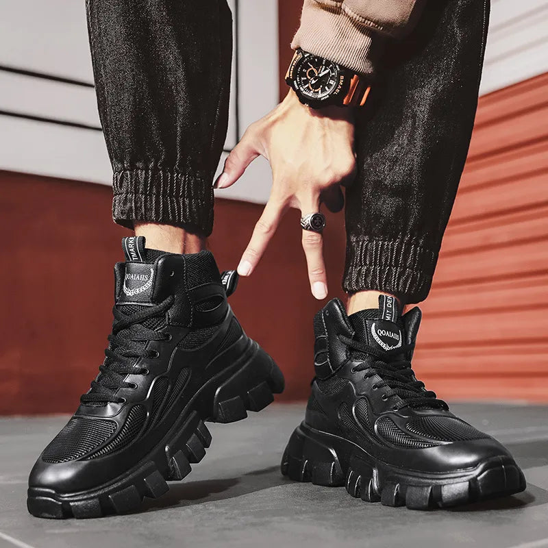 Botas de Couro Preto de Plataforma CHAXIAOA // Esportes ao ar livre // Aumentado / Antiderrapantes // Novos Sapatos de Forma Redonda Alta para Esportes Radicais