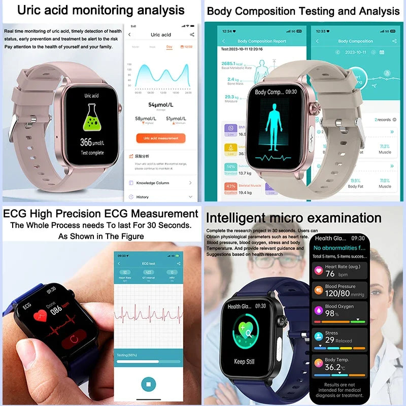 Novo 2025 ECG+PPG Relógio Inteligente de Grau Médico Feminino // Açúcar no Sangue // Lipídios no Sangue // Ácido Úrico // Rastreador de Saúde Menstrual // Smartwatches